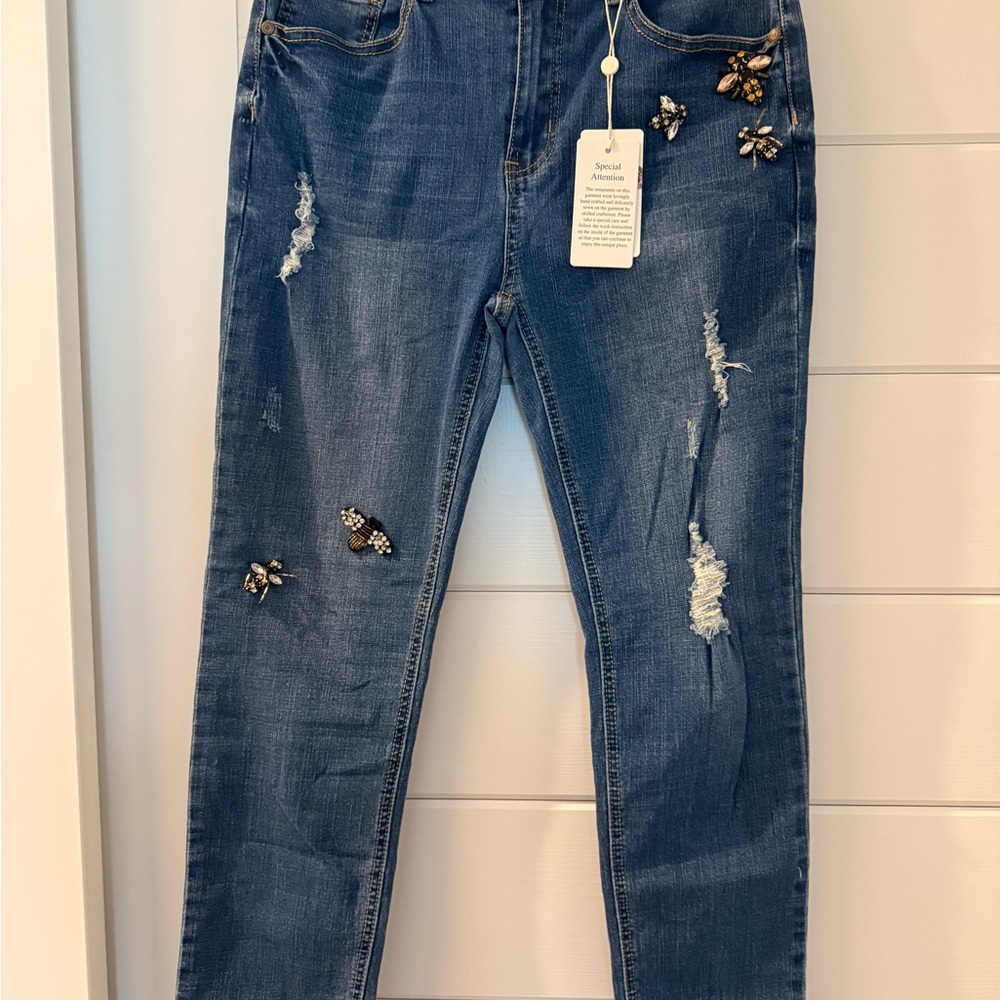 Chelsea & Violet Dark Blue Skinny Jeans with Beaded Bee Embellishments Sz 28 NWT